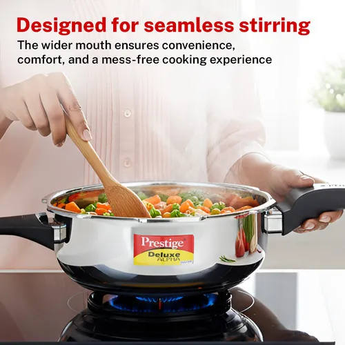  Prestige 4 Litre Stainless Steel Deluxe Alpha Svachh Outer Lid Senior Pressure Pan Cooker | 10Y Warranty| Deep Lid for Spillage Control | TRIPLY Base | GRS | Gas & Induction Compatible | ISI - Detail View